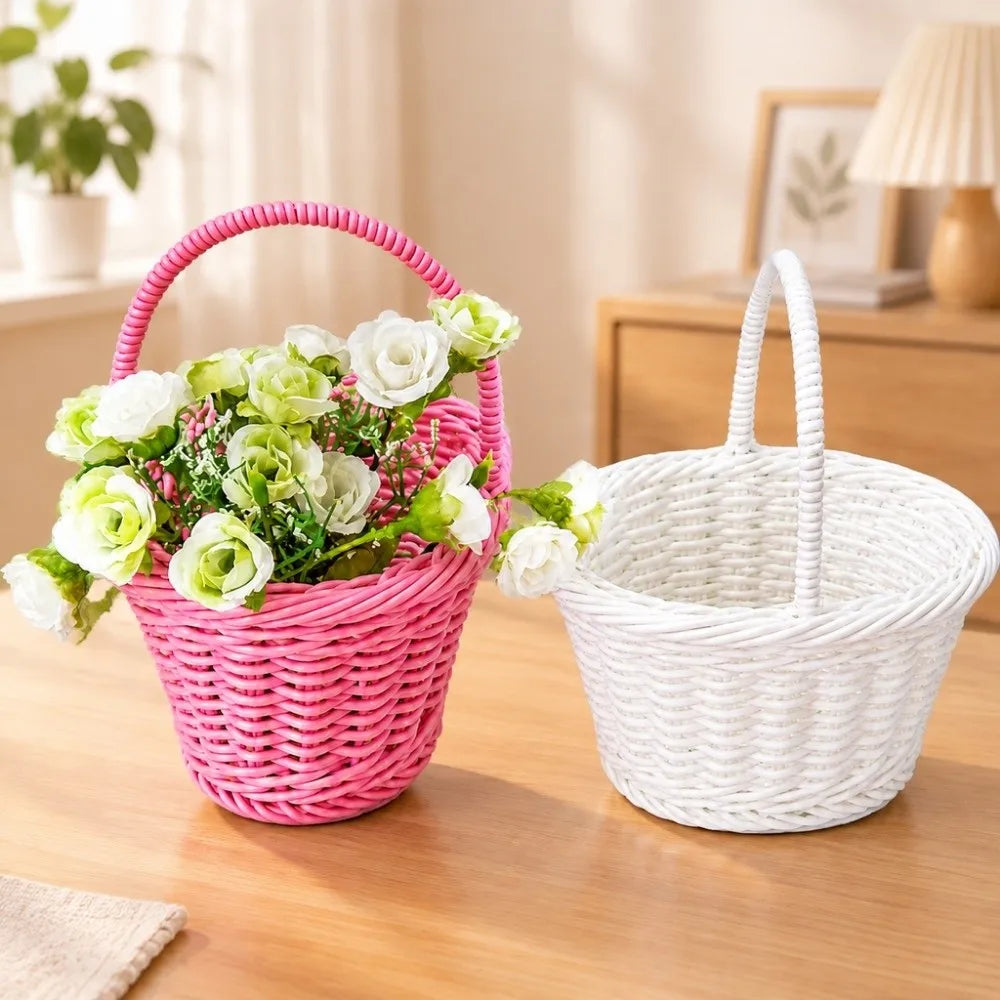 Handwoven Imitation Rattan Flower Basket with Handle – 2 Colors