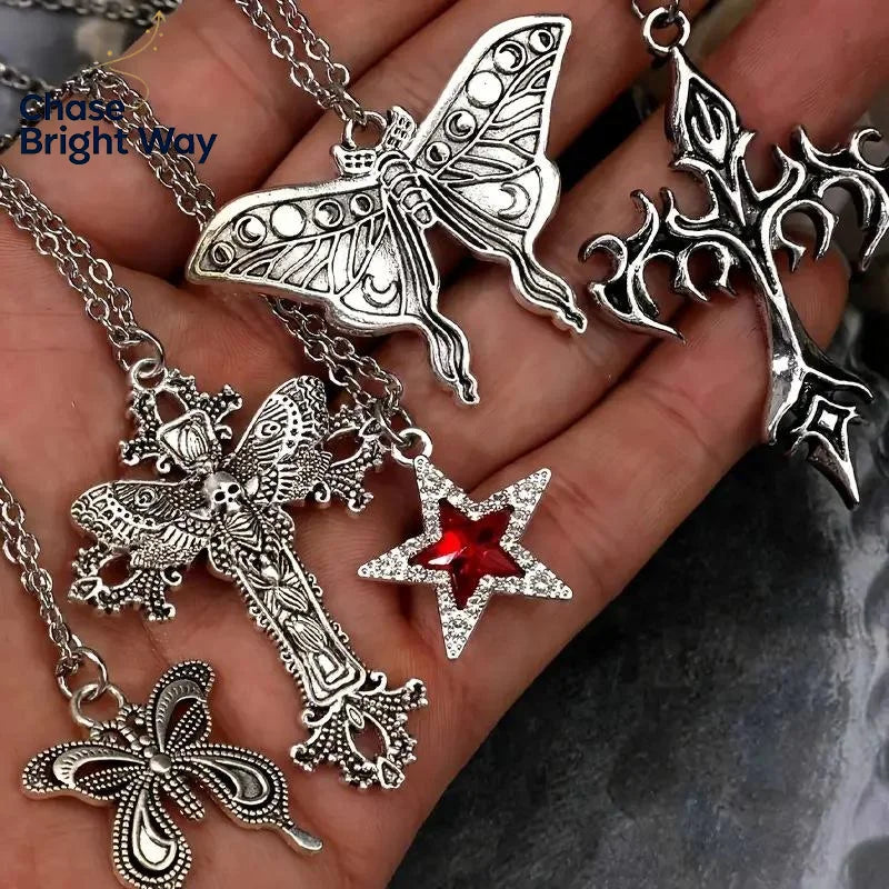 Gothic Pendant Necklace Set 5Pcs – Heart Bat Cross Chain Jewelry