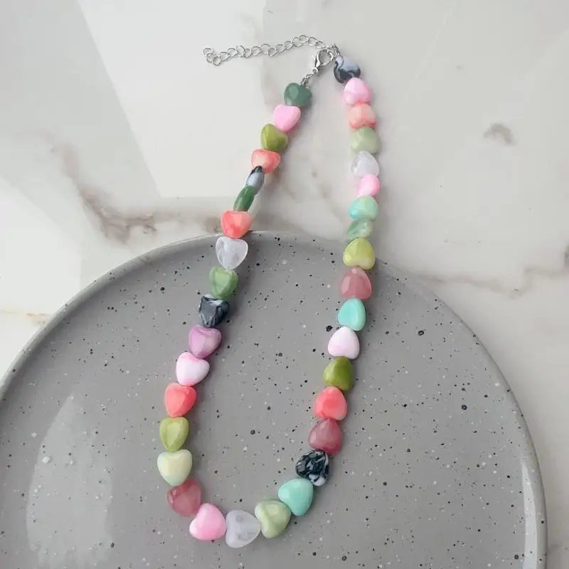 Y2K Heart Beaded Choker Necklace – Colorful Adjustable
