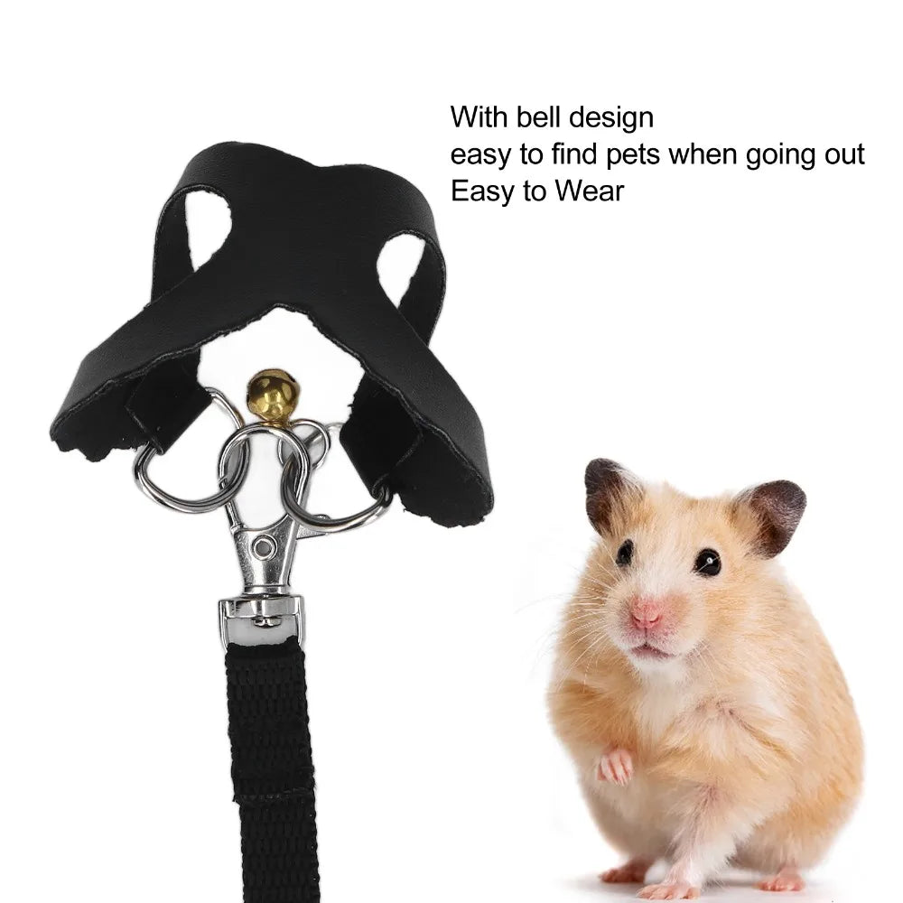 Hamster Harness & Leash Set – Faux Leather, Bells, 3 Sizes