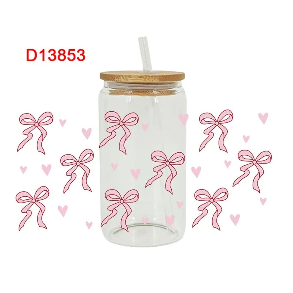 UV DTF Pink Bow Sticker – Waterproof Wrap for 16oz Glass Cups
