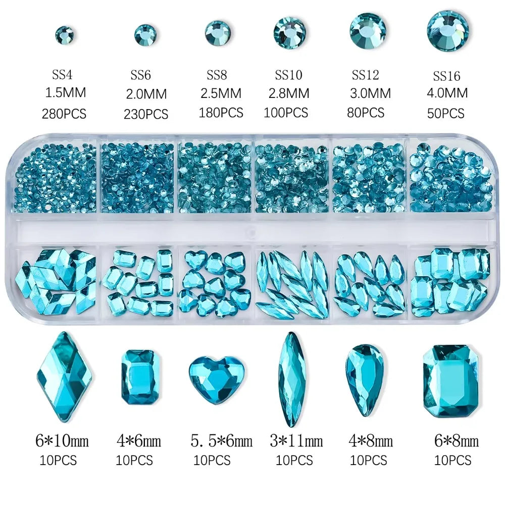 12-Grid 3D Nail Art Rhinestones – Mixed Flatback Gems & Charms