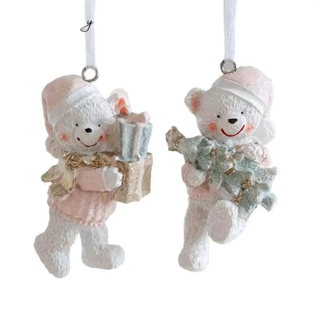 Resin Bear Christmas Ornaments – Pink Couple Set of 2