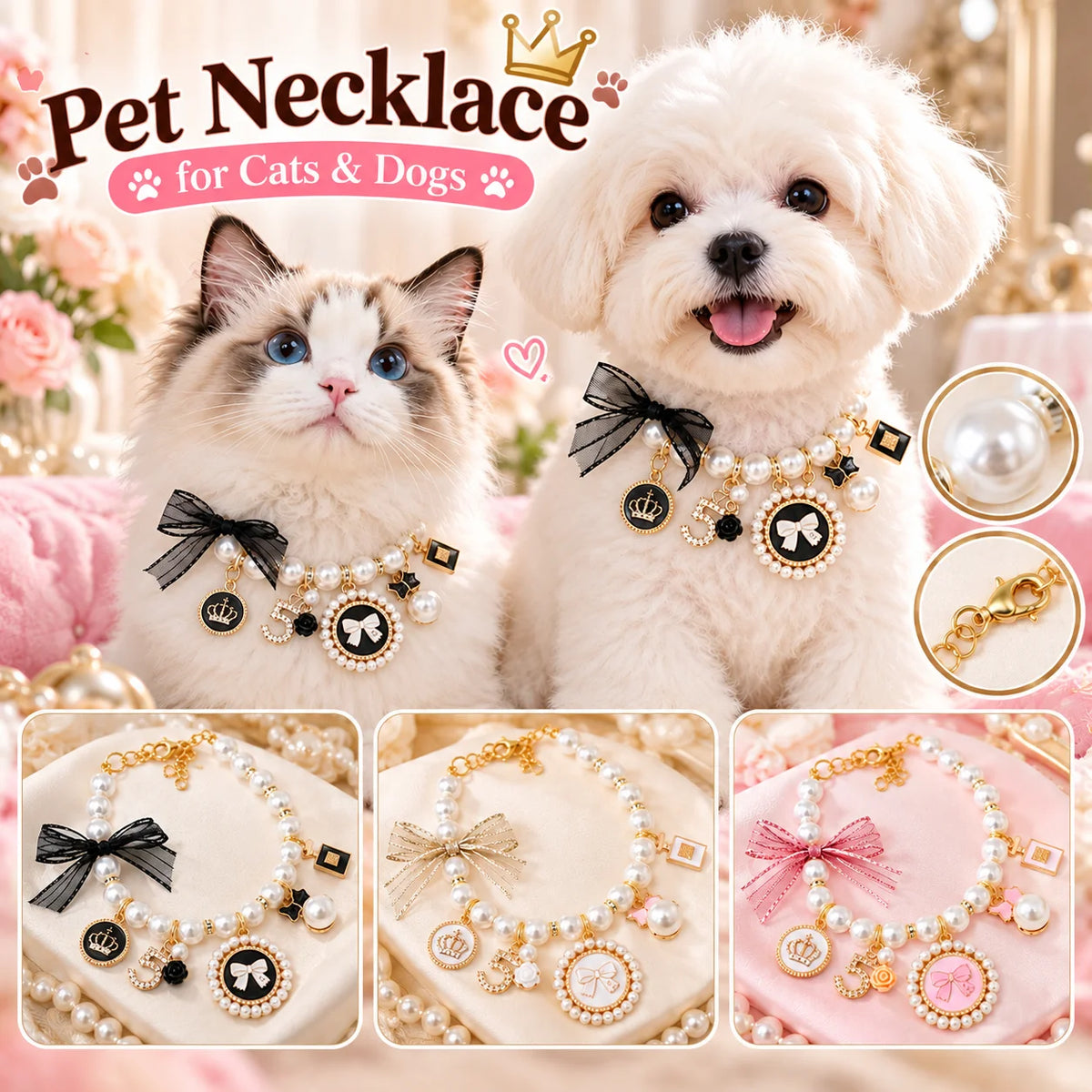 Pet Pearl Collar Bow Pendant – Princess Necklace Cats & Dogs