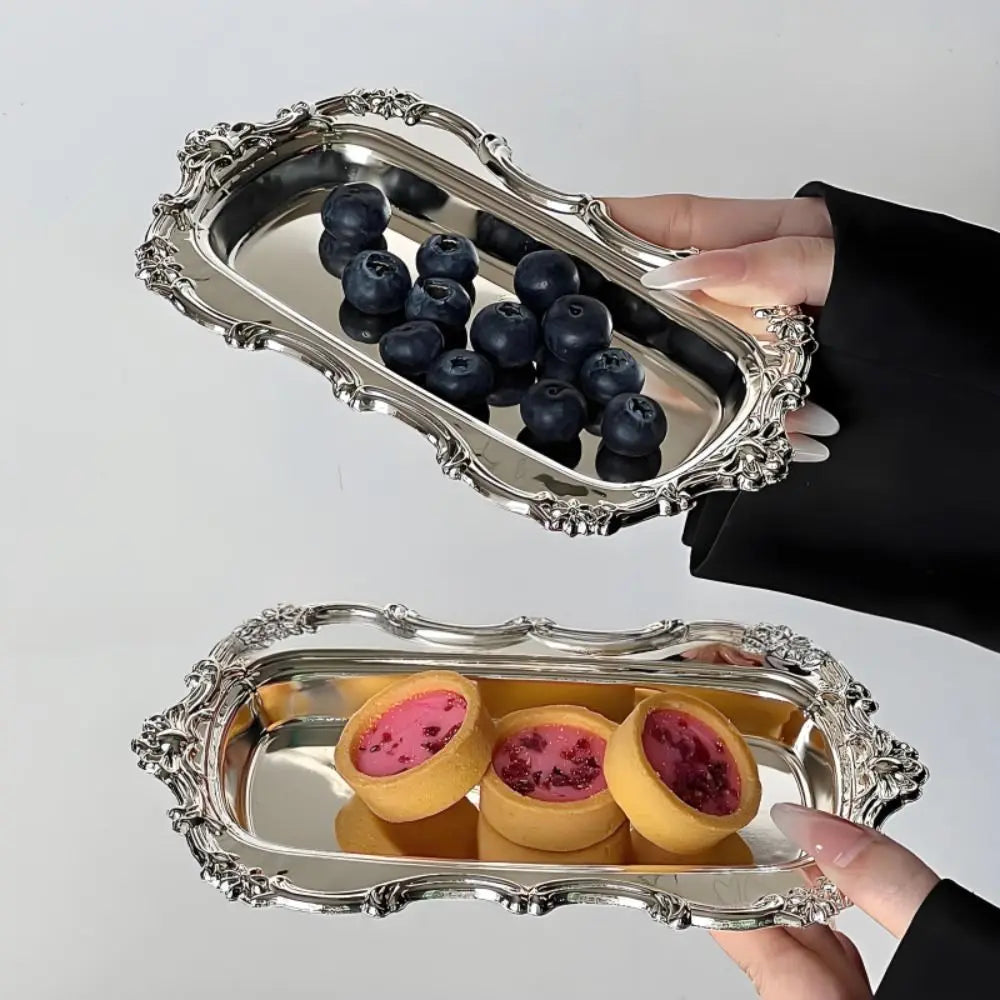 Mirror Stainless Steel Dessert Plate & Jewelry Tray – Embossed