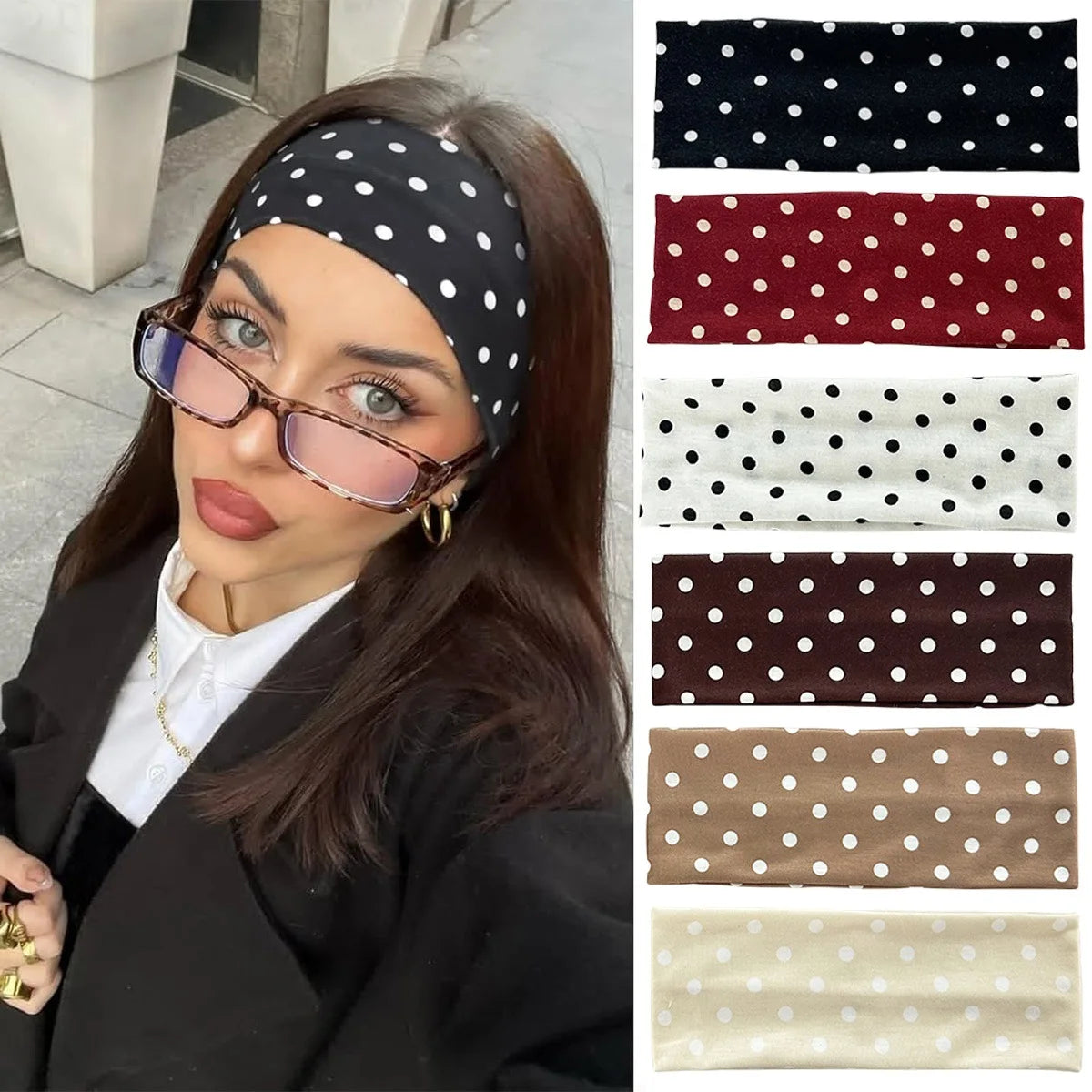 Y2K Boho Polka Dot Wide Headband – Women's Stretch Hair Wrap