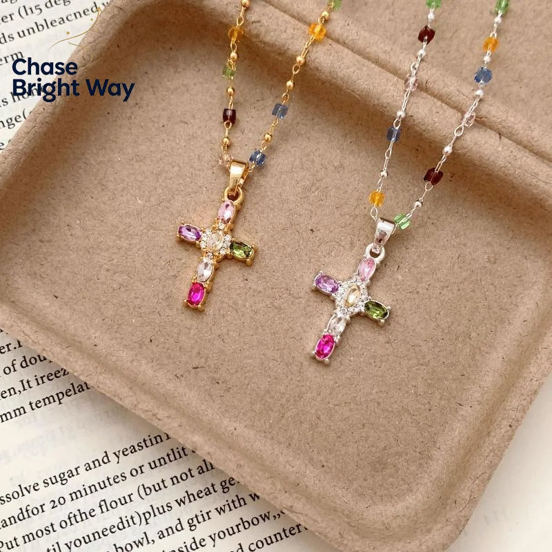 Y2K Colorful Zirconia Cross Pendant Necklace | Crystal Choker
