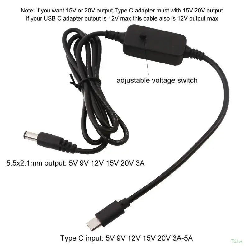 USB-C to 5.5x2.1mm Adjustable Voltage Cable | LED Display 5V–20V