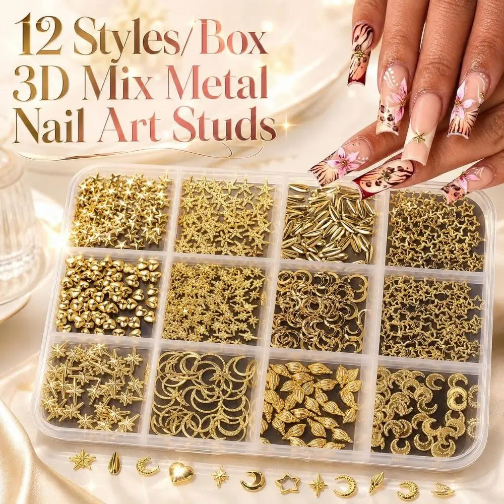 3D Ocean Metal Nail Art Studs – 12 Shapes Gold & Silver Charms