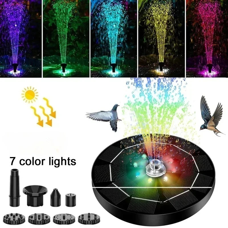 Solar Fountain 7-Color LED Lights 6 Nozzles – Outdoor Bird Bath