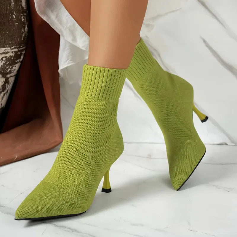 Women's Stretch Chelsea Ankle Boots Pointed Toe High Heel