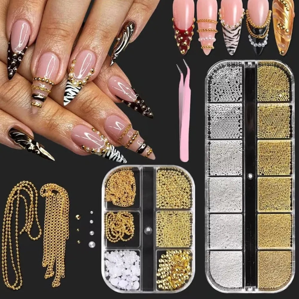 12-Grid 3D Nail Art Studs – Metal Beads, Pearl & Charms Set