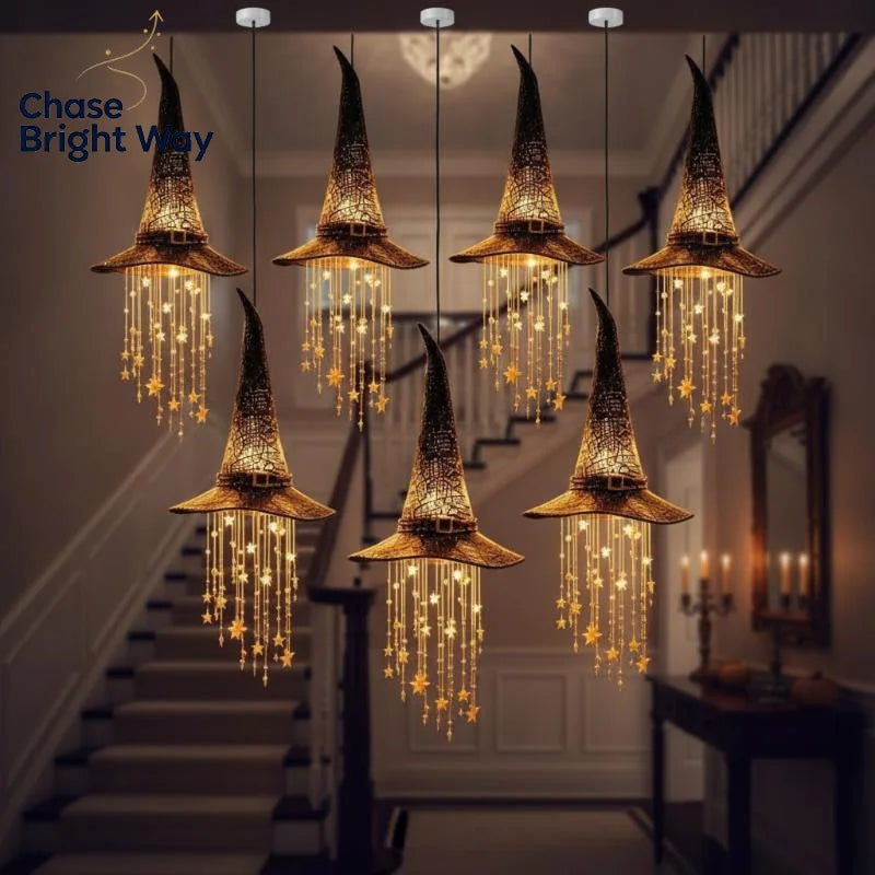 LED Witch Hat Wind Chime Hanging Decoration – Wrought Iron 30cm
