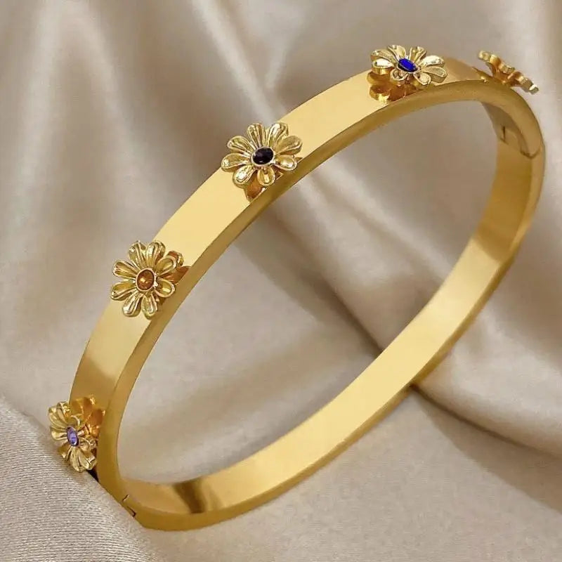 Titanium Steel Flower Rhinestone Cuff Bangle Bracelet for Women
