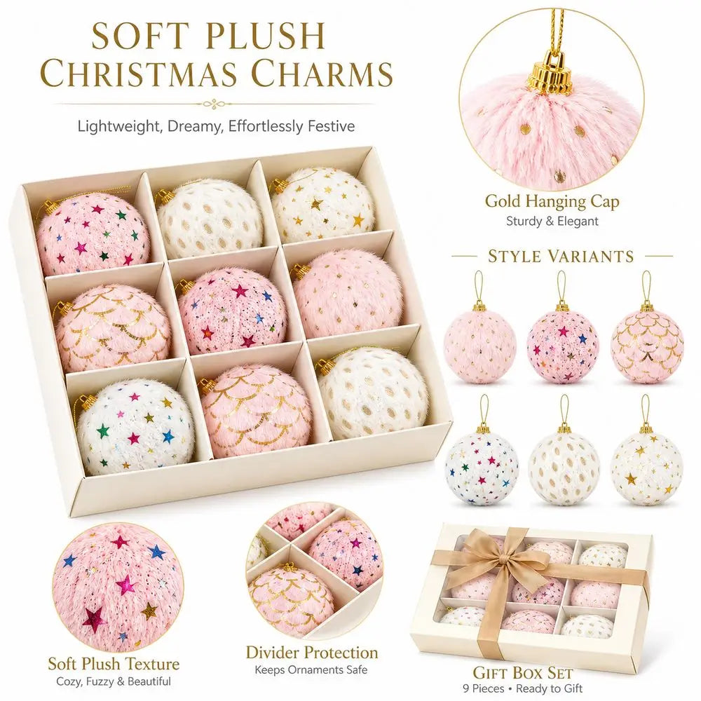 Plush Fabric Christmas Ball Ornaments – 9-Piece Gift Box Set