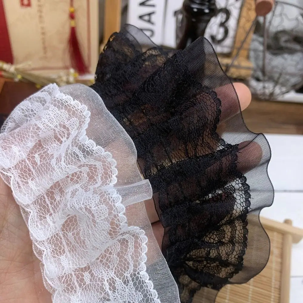 5cm Double-Layer Pleated Lace Trim – White & Black Ruffle Sewing