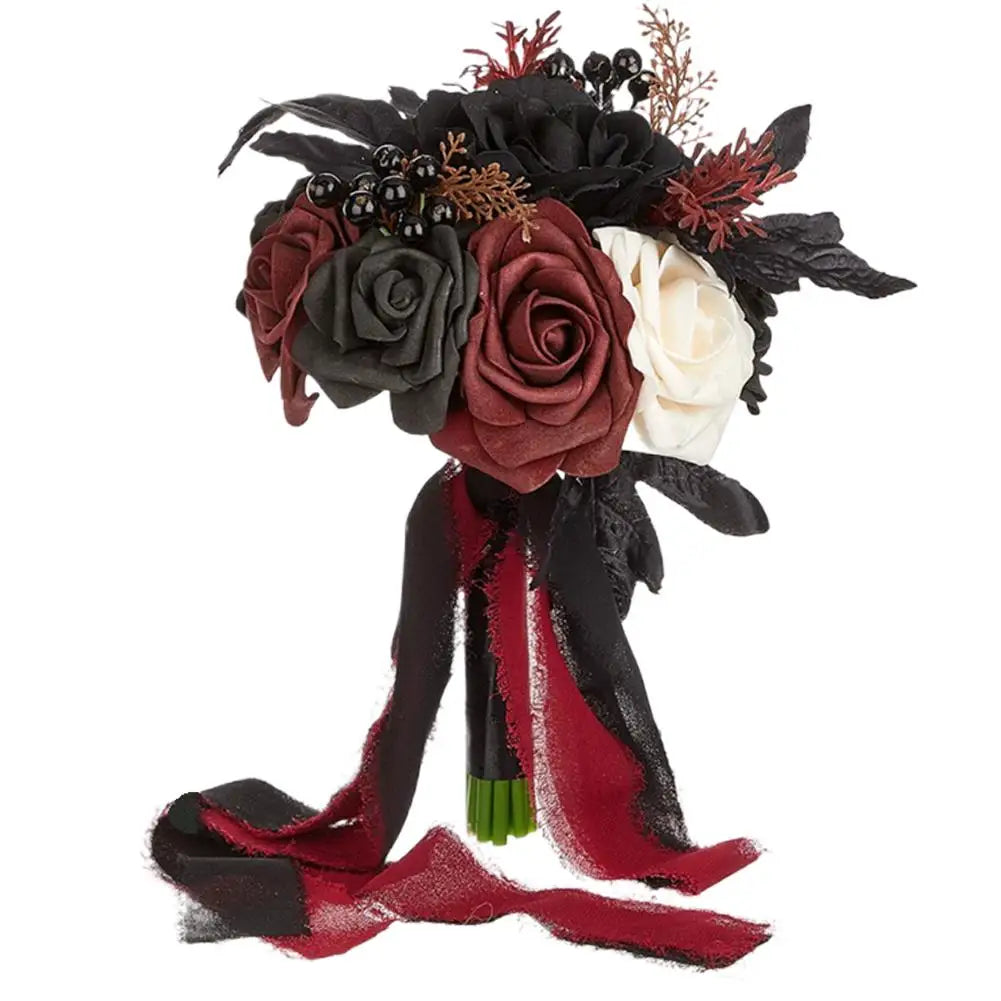 Gothic Black Burgundy Bridal Bouquet – Silk Rose Wedding Flowers
