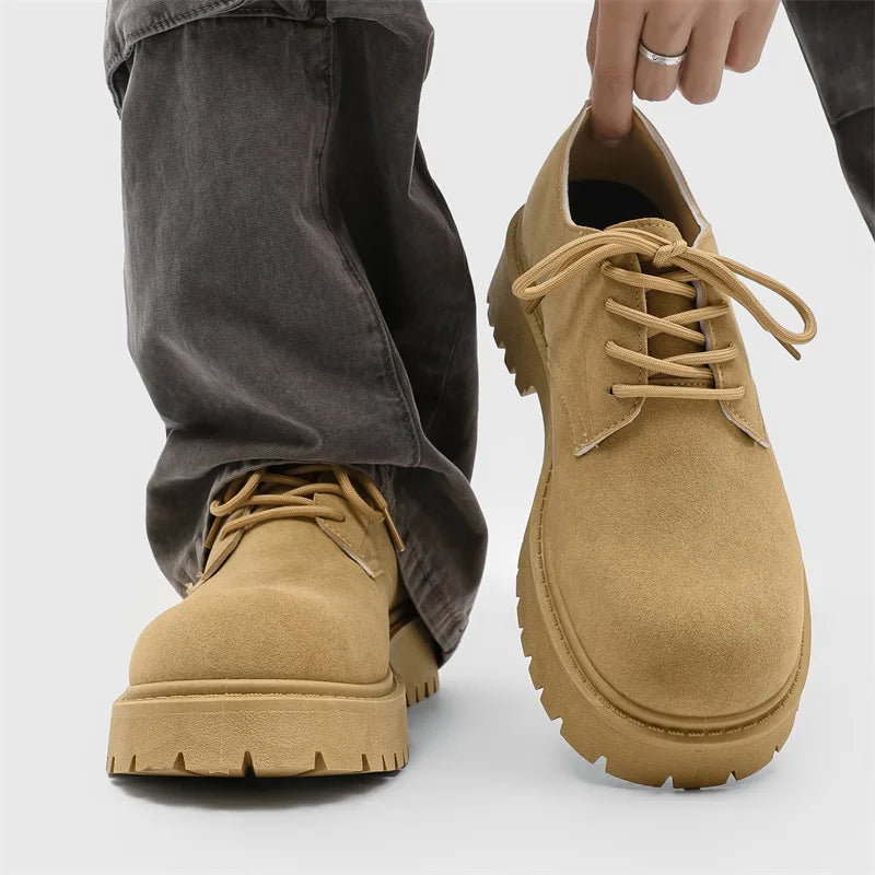 Men's Chunky Derby Boots – Retro Lace-Up Faux Suede Low-Top