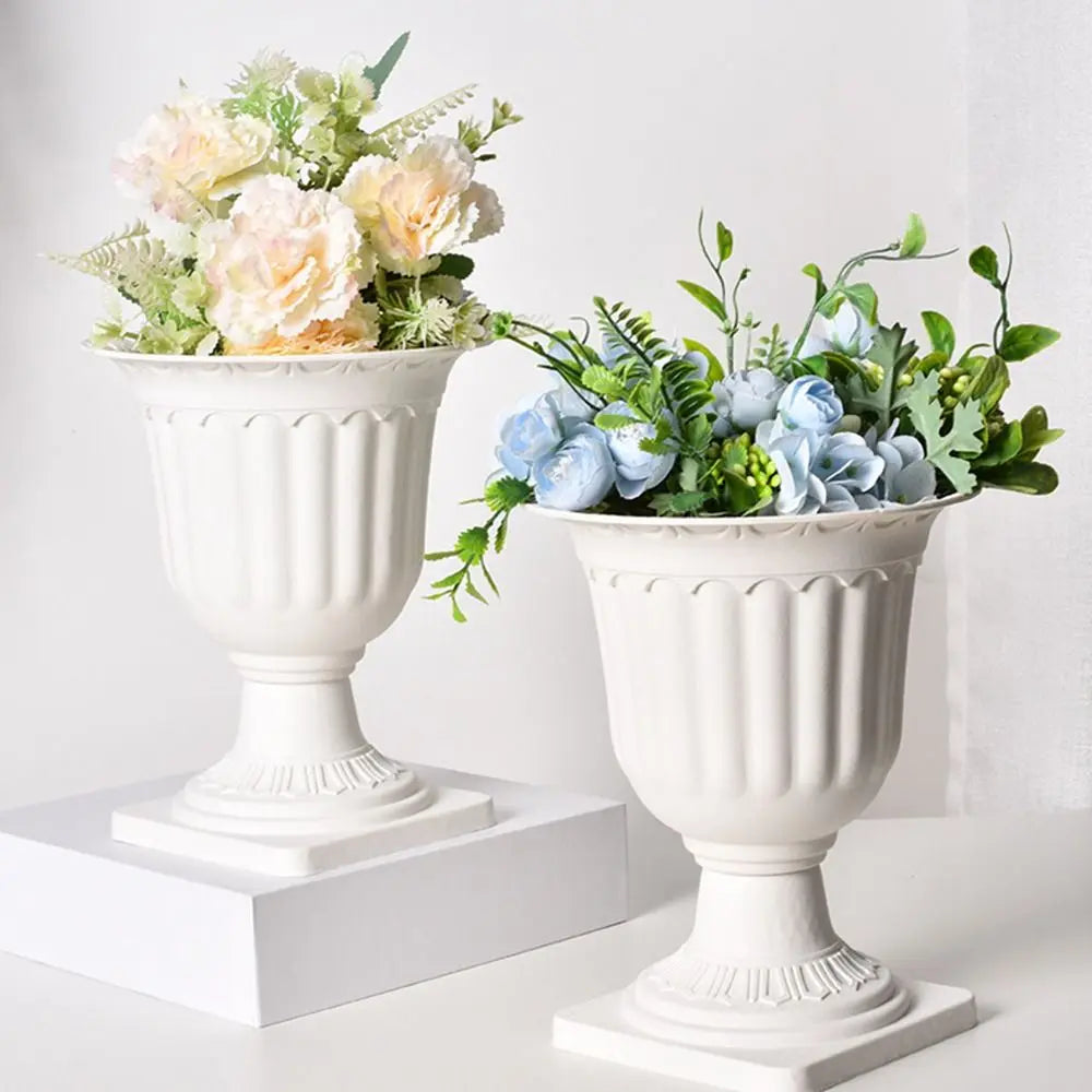 Roman Pedestal Flower Vase Planter – White Plastic Set of 2