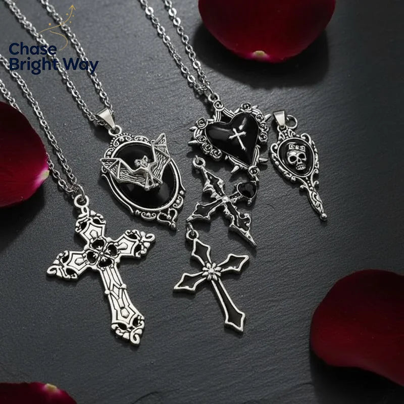 Gothic Pendant Necklace Set 5Pcs – Heart Bat Cross Chain Jewelry