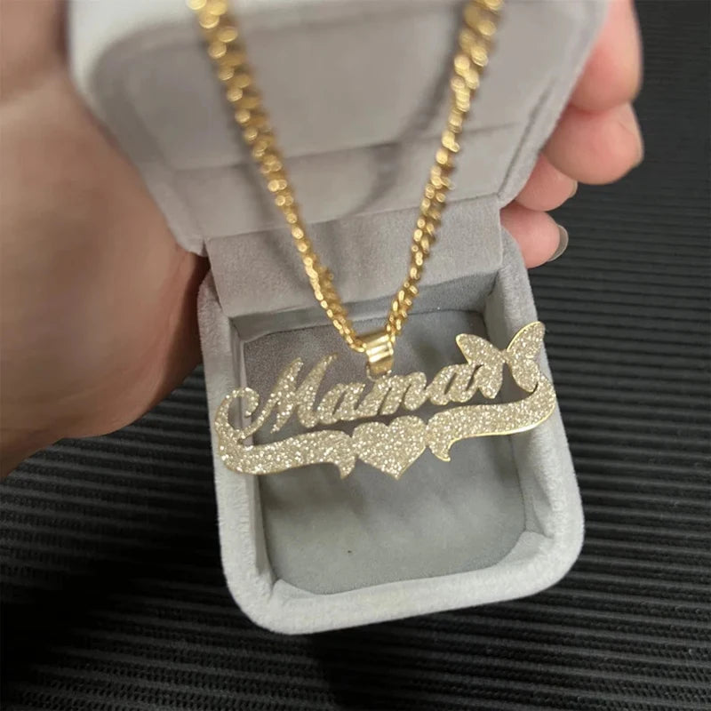 Custom Name Necklace – 18K Gold Cuban Chain & Butterfly Pendant