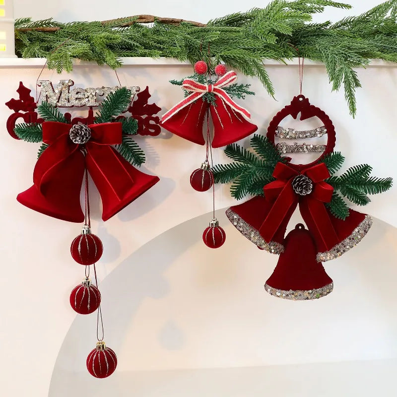 Wine Red Flocked Christmas Bell Ornament | Nordic Tree Pendant