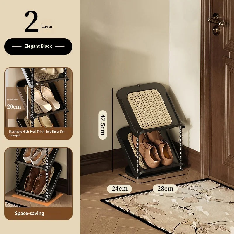 Vintage Rattan Multi-Tier Shoe Rack Entryway Organizer