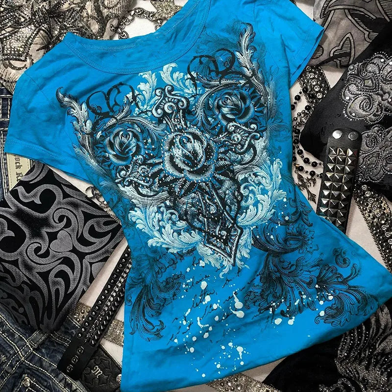 Women's Y2K Rhinestone Heart Rose Grunge T-Shirt | Harajuku Top