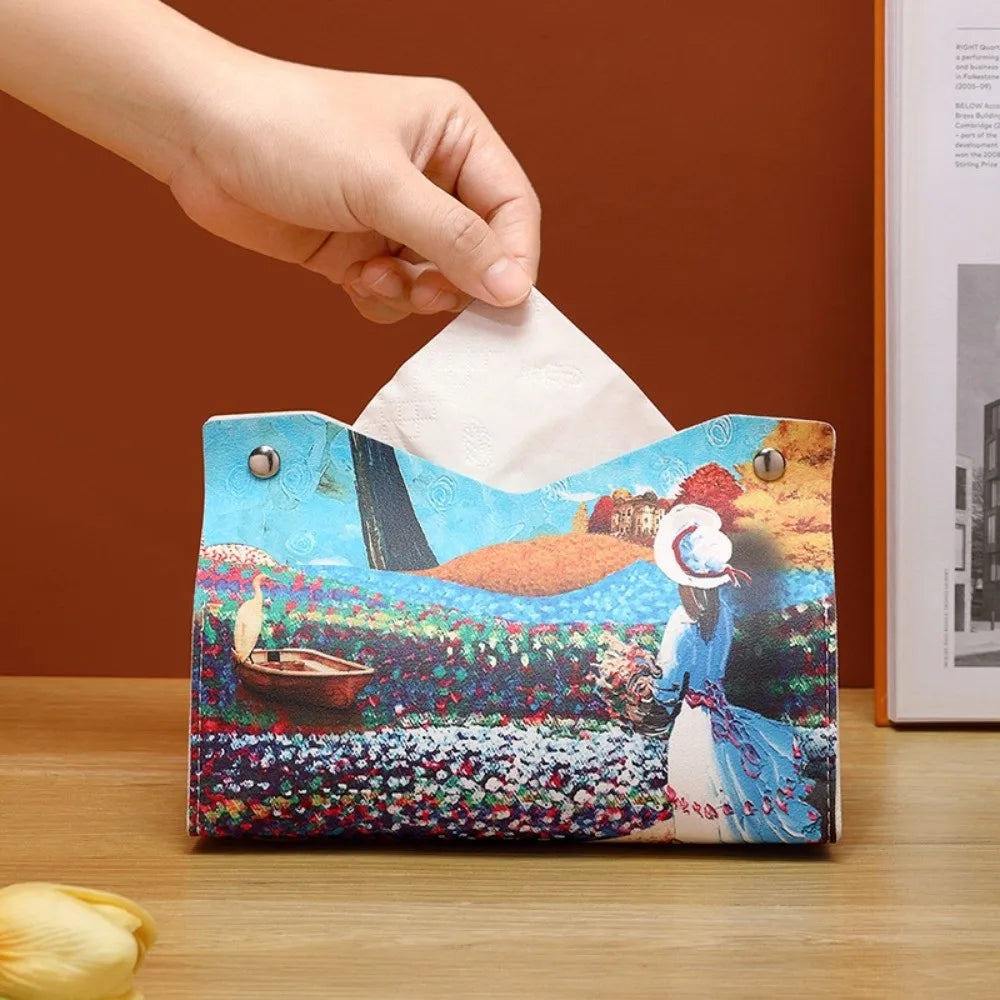 Vintage PU Leather Tissue Box Cover – Oil Painting Decor