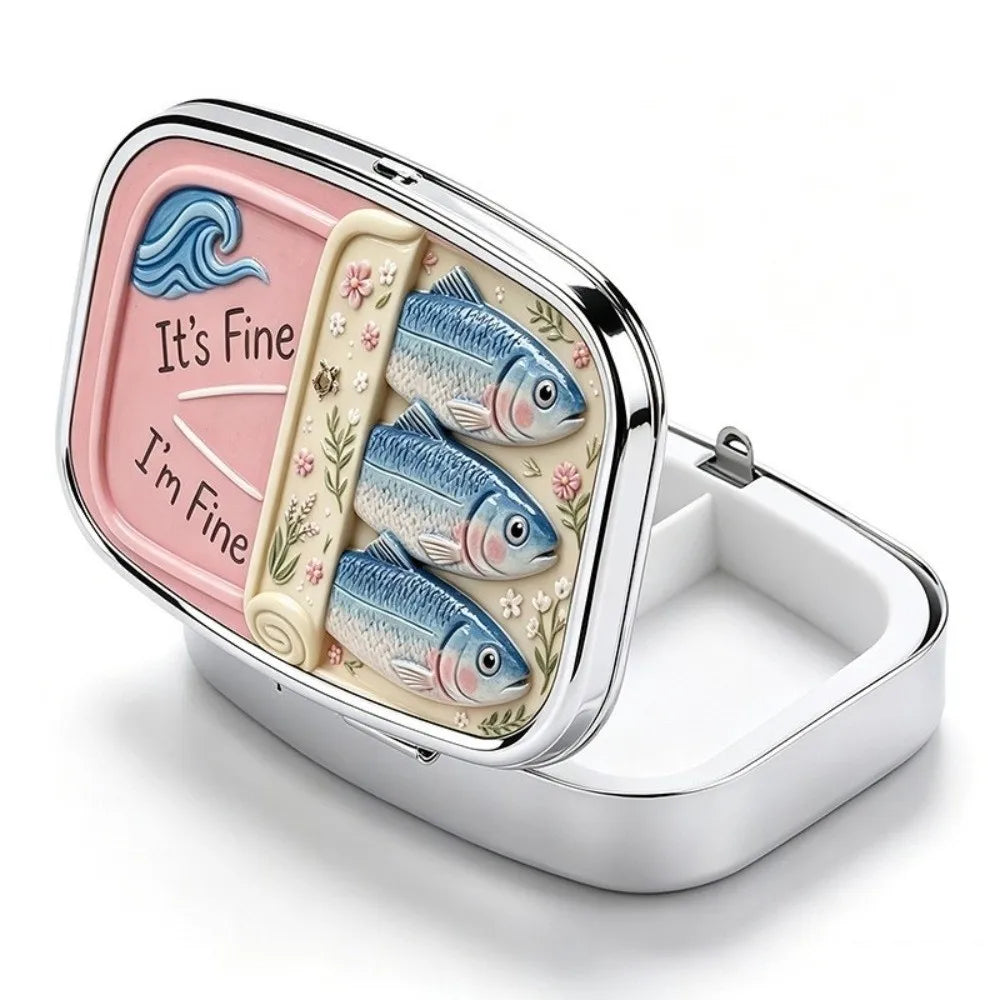Sardine Print Metal Pill Box – 2-Compartment Mini Travel Case