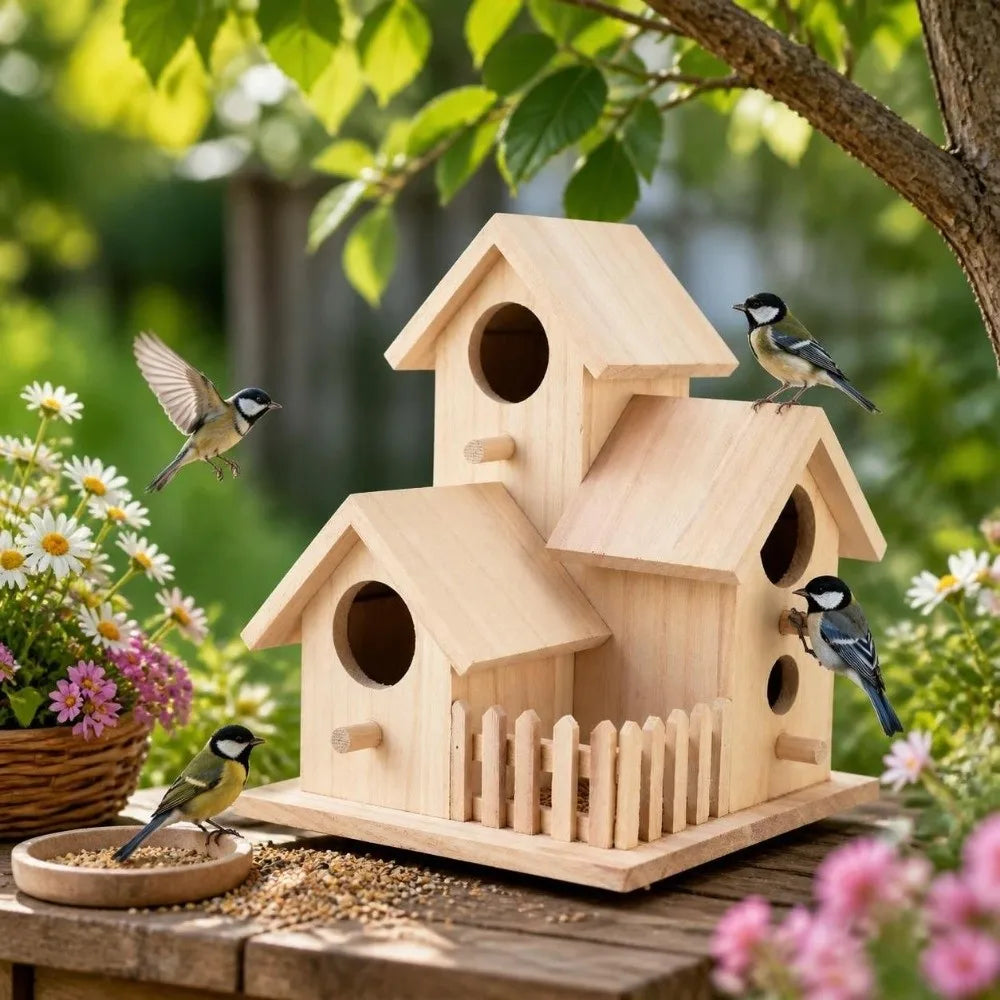 Handmade 4-Hole Wooden Birdhouse – DIY Garden Bird House