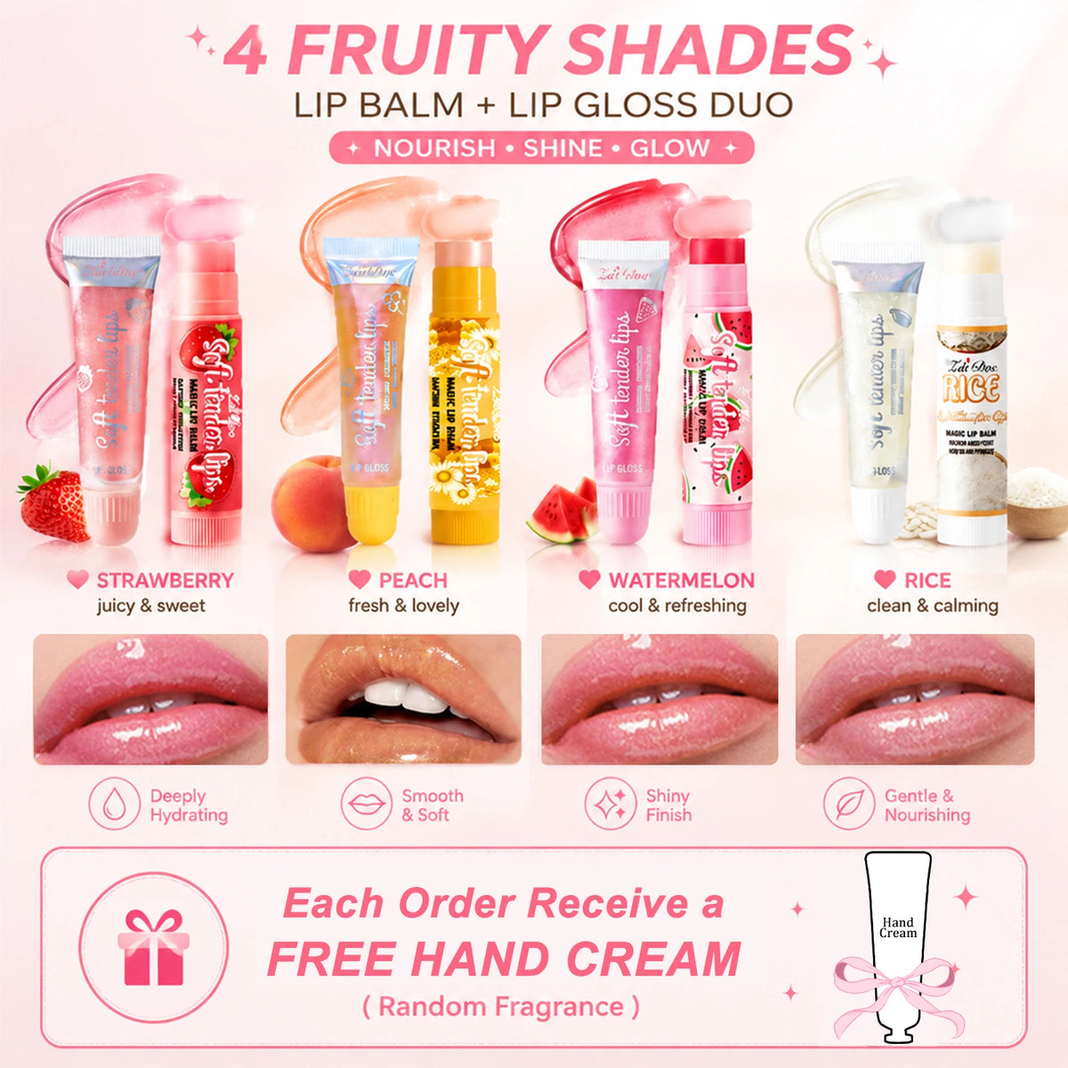 Zaidoc 4 Fruity Flavors Tinted Lip Gloss & Balm Set – 7g Each