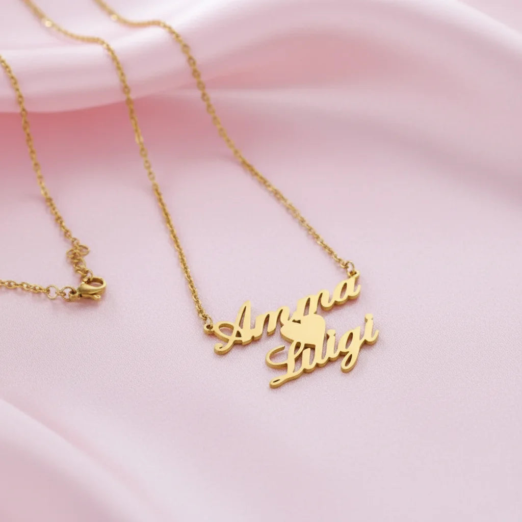 Custom Double Name Pendant Necklace – 18K Gold Plated Steel
