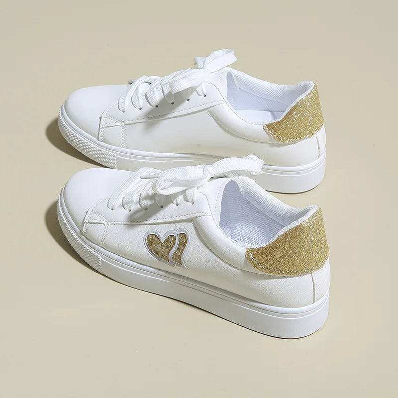LEDP Women's Lace-Up Sneakers – Lightweight Heart Print Flat Shoes