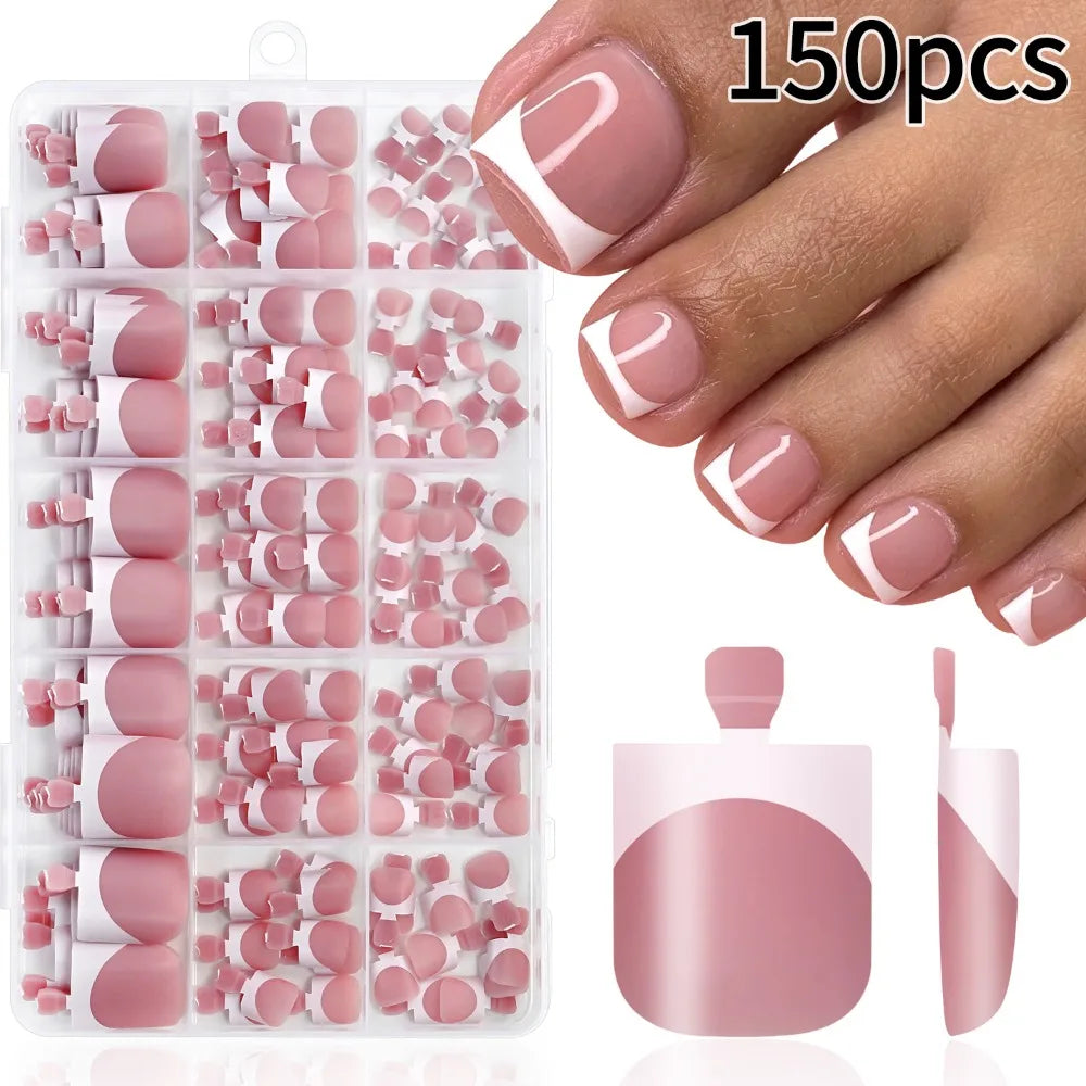 150-Piece Short Square Press-On Toenails – 15 Sizes, Nude & Pink