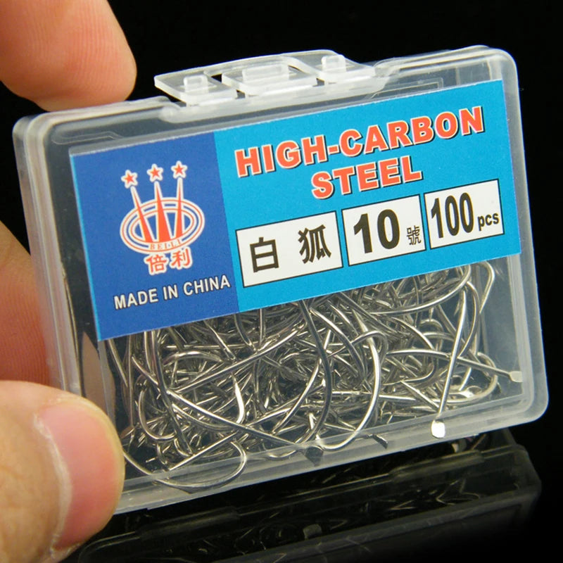 100-Pack Barbed Fishing Hooks – High Carbon Steel Boxed