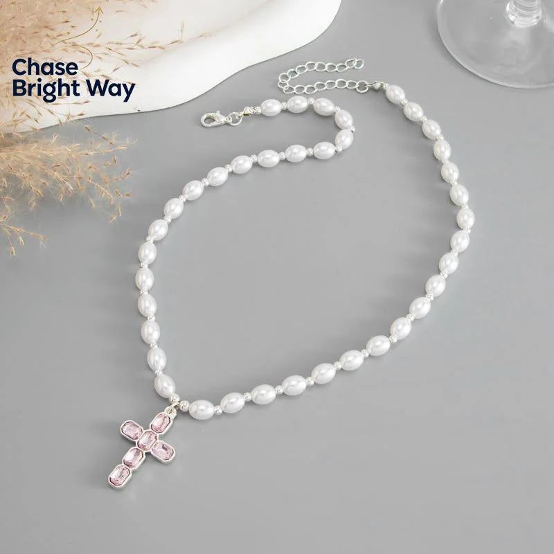 Diamond Cross Pendant Necklace – Faux Pearl Choker for Women