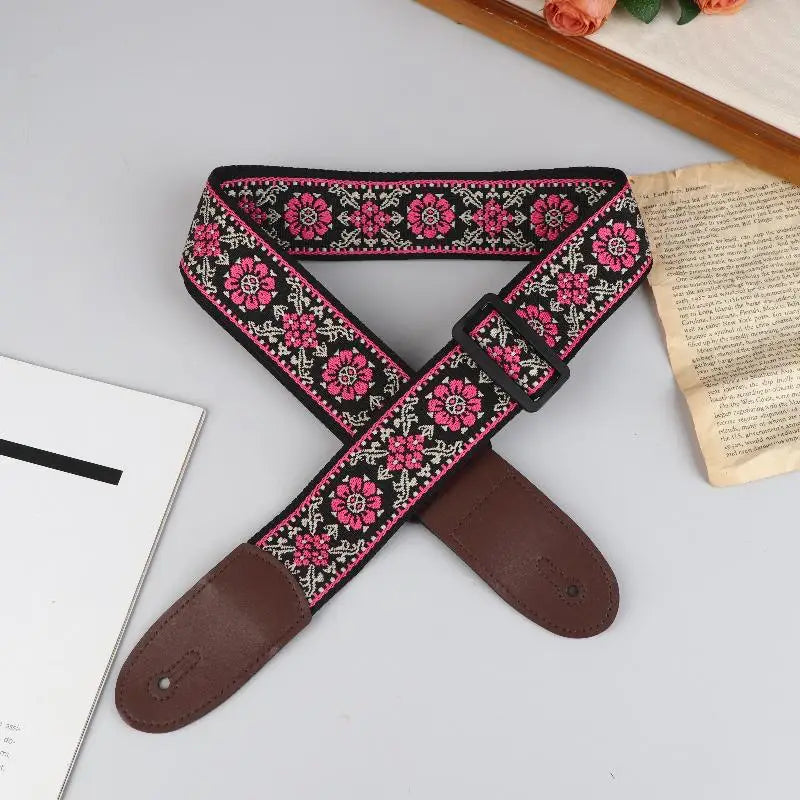 Embroidered Guitar Strap – Adjustable PU Leather & Cotton