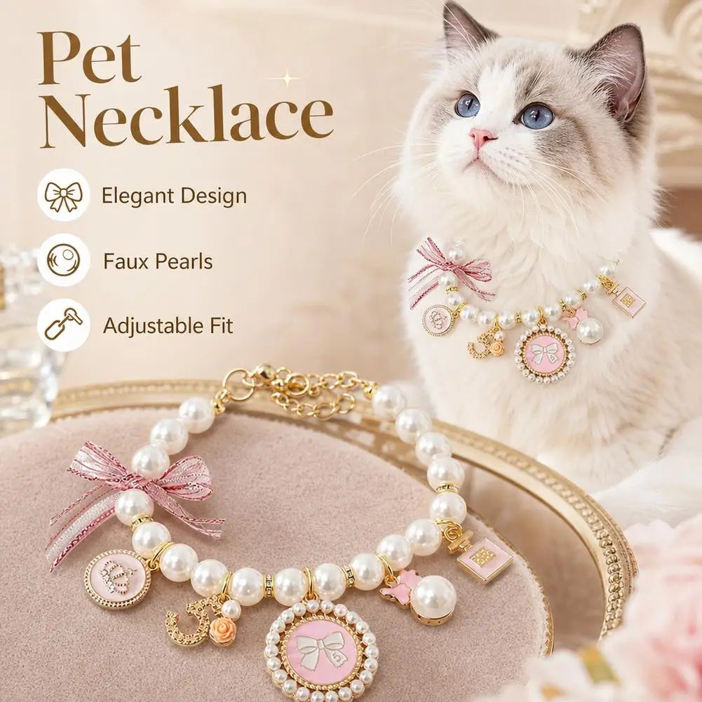 Pet Pearl Collar Bow Pendant – Princess Necklace Cats & Dogs