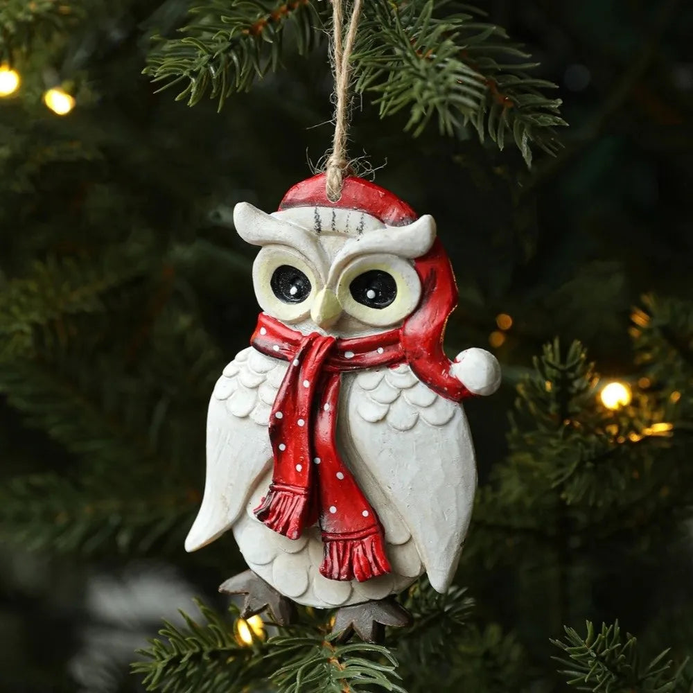 Resin Owl Christmas Ornament with Jute Rope – Vintage Style