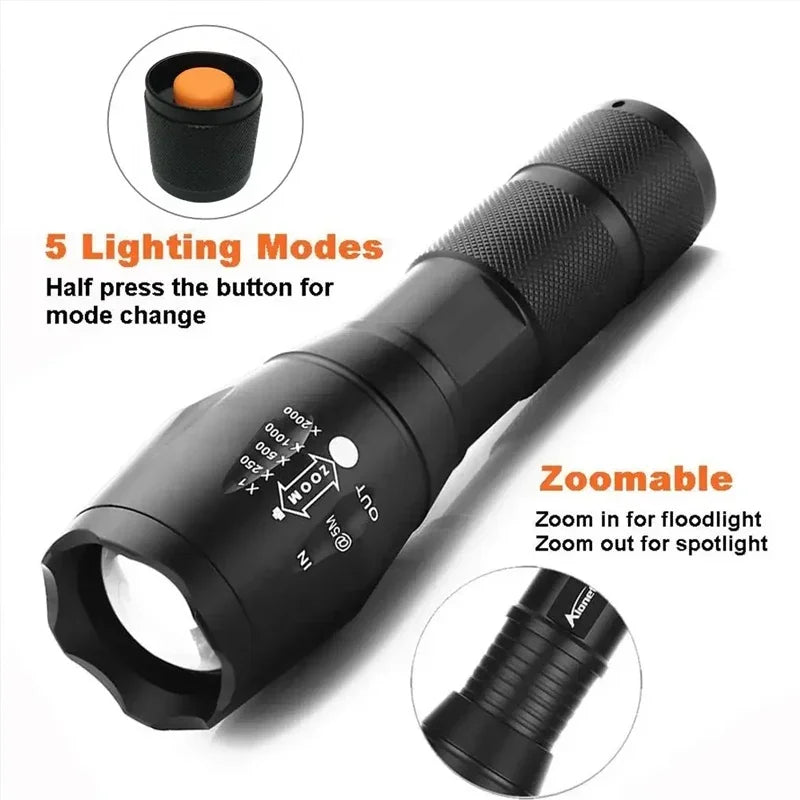 T6 LED Flashlight 1000 Lumen Zoomable 5-Mode Waterproof Torch