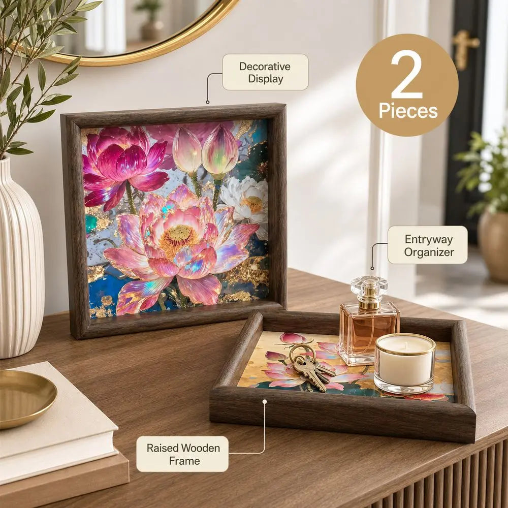 Lotus Wooden Decorative Tray – Square Raised Frame 20cm (2-Pack)