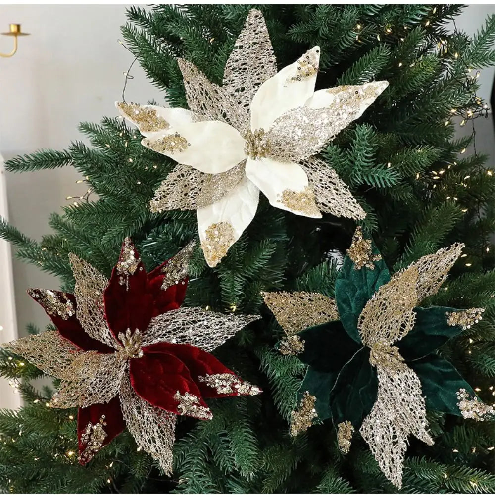 Glitter Christmas Artificial Flower 29cm – Flannel Fabric Xmas Decor