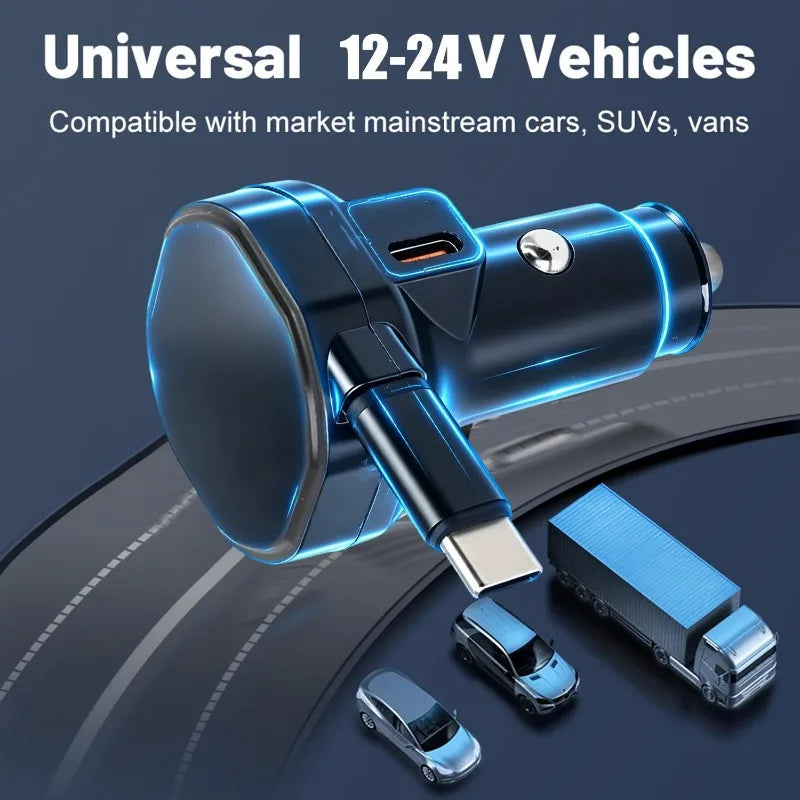 60W USB-C Car Charger with Retractable Cable & Dual Ports