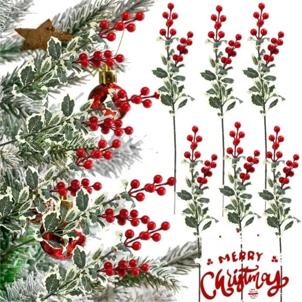 Red Artificial Berry Picks – 5-Pack Frosted Holly Stems, 45cm