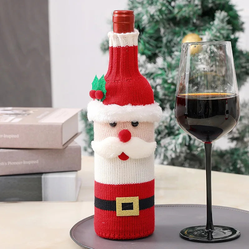 Christmas Santa Knitted Wine Bottle Cover | Holiday Sleeve