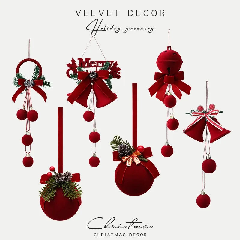 Wine Red Flocked Christmas Bell Ornament | Nordic Tree Pendant