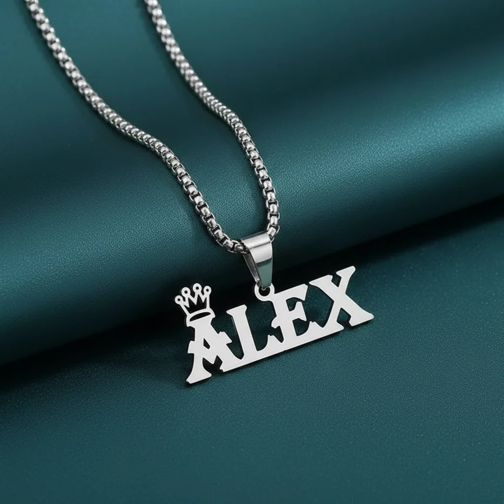 Custom Name Necklace 18K Gold Crown Pendant | Stainless Steel