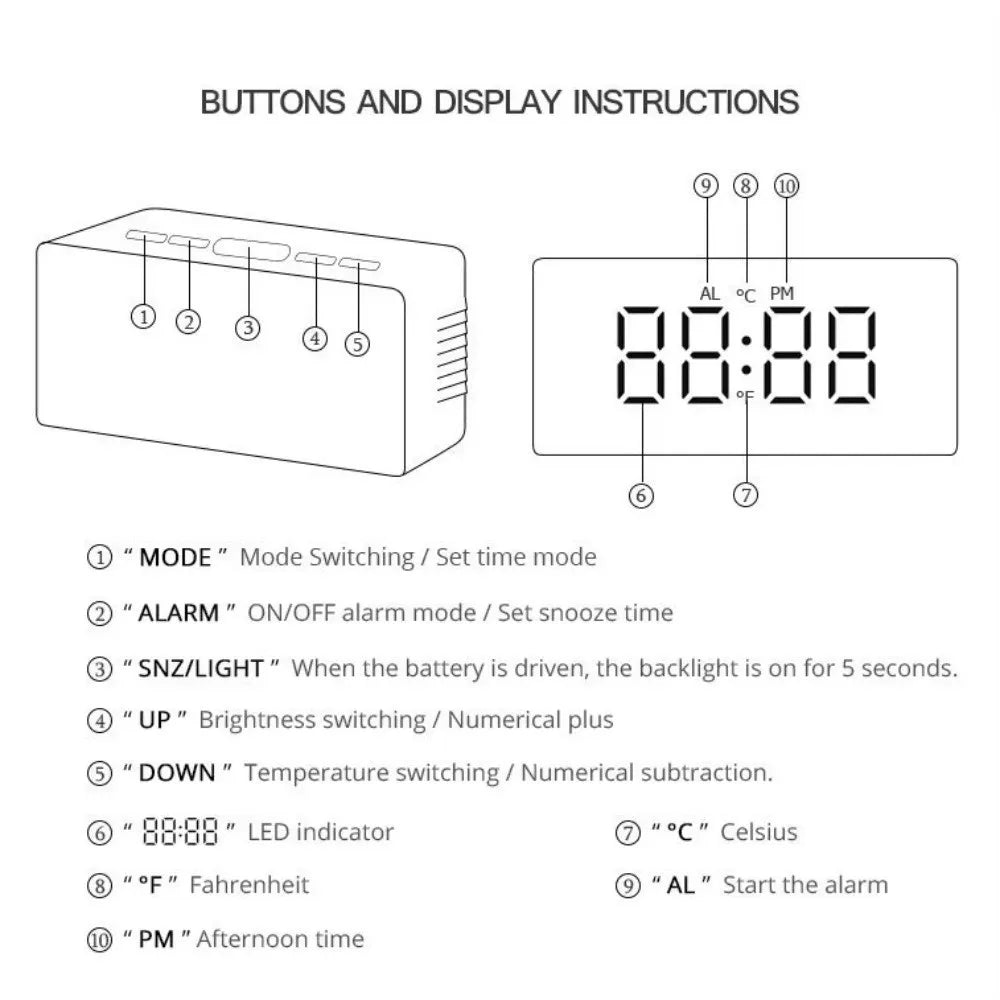 LED Mirror Digital Alarm Clock – USB Night Light Desk Clock