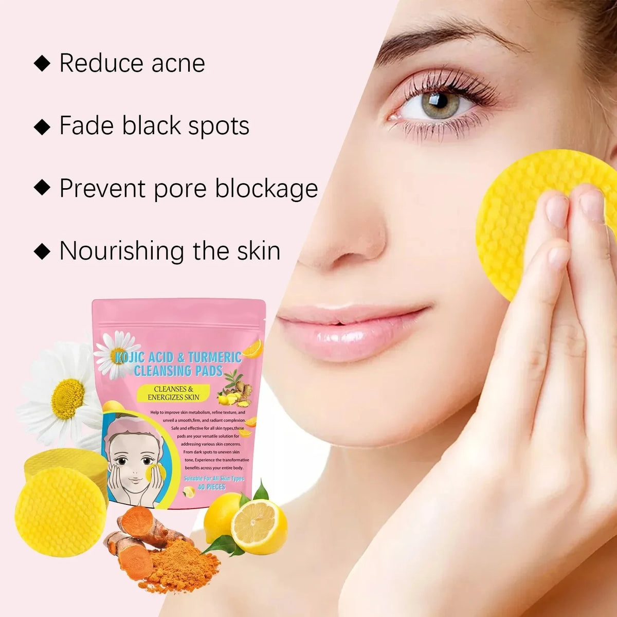 Turmeric Kojic Acid Cleansing Pads – 40-Pack Exfoliating Facial